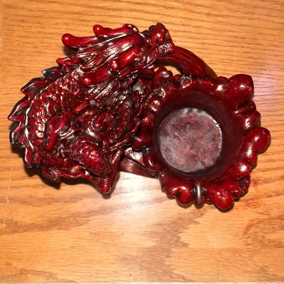 Vintage Chinese Red Lacquer Resin Dragon Holder Candle, Trinket, Ashtray Coins - Picture 7 of 10